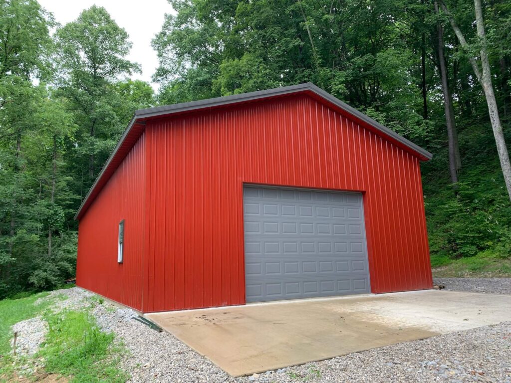 vibrant red metal garage with a garage door